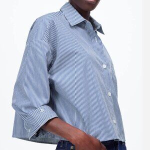 Straight-Hem Cotton Poplin Shirt – Blue & White Stripe, Size S, New With Tags